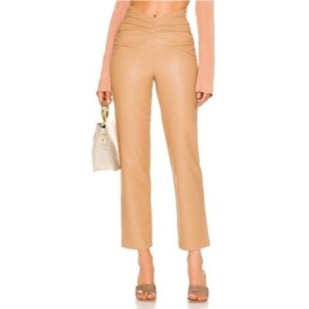 New NBD Tan Faux Vegan Leather Ruched V-Waist Straight Leg Pants Camel